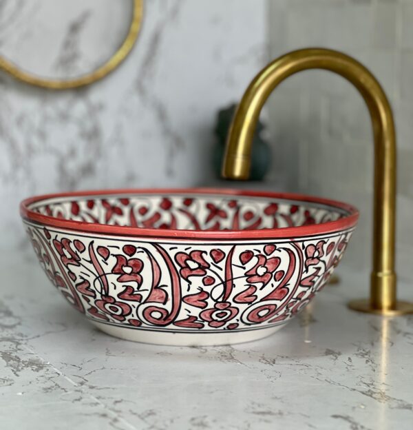 Red & white Custom Brass Bathroom Sink - Porcelain Vanity Basin, Single Bowl Ceramic Lavabo, Organic Design for Elegant Bathrooms | britsinkstudio UK - Image 3