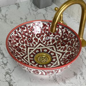 Red & white Custom Brass Bathroom Sink - Porcelain Vanity Basin, Single Bowl Ceramic Lavabo, Organic Design for Elegant Bathrooms | britsinkstudio UK