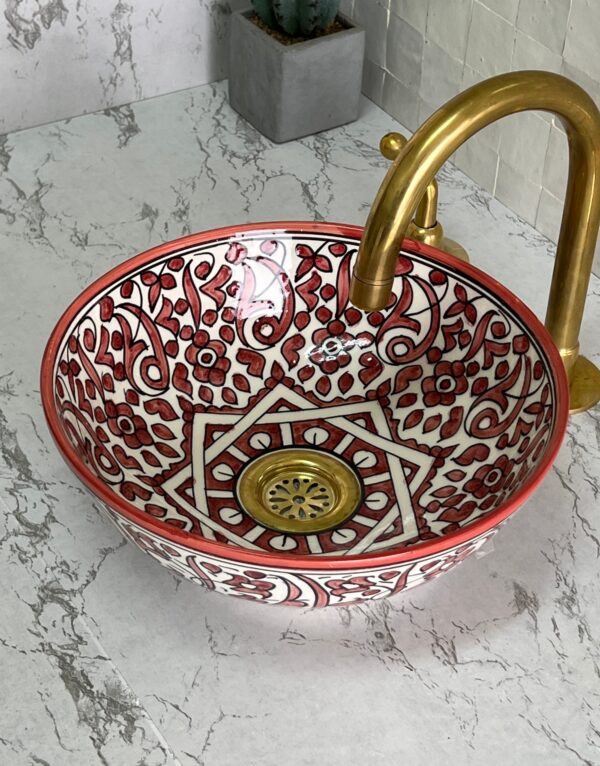 Red & white Custom Brass Bathroom Sink - Porcelain Vanity Basin, Single Bowl Ceramic Lavabo, Organic Design for Elegant Bathrooms | britsinkstudio UK