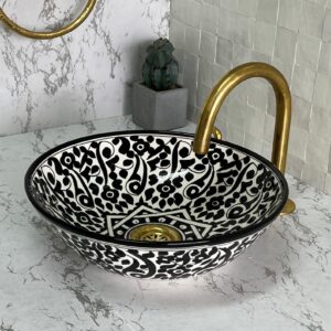 Black & white Moroccan Ceramic Bathroom Sink – Unique Round Fez Basin | britsinkstudio UK