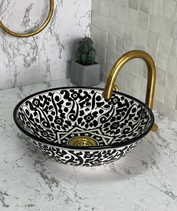 Black & white Moroccan Ceramic Bathroom Sink – Unique Round Fez Basin | britsinkstudio UK