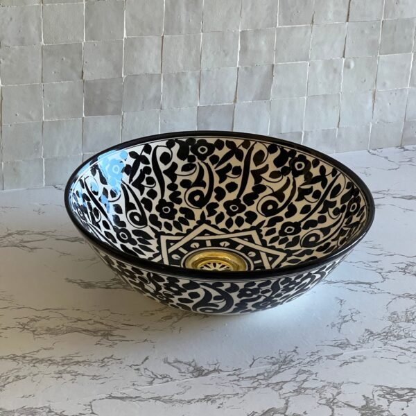 Black & white Moroccan Ceramic Bathroom Sink – Unique Round Fez Basin | britsinkstudio UK - Image 2