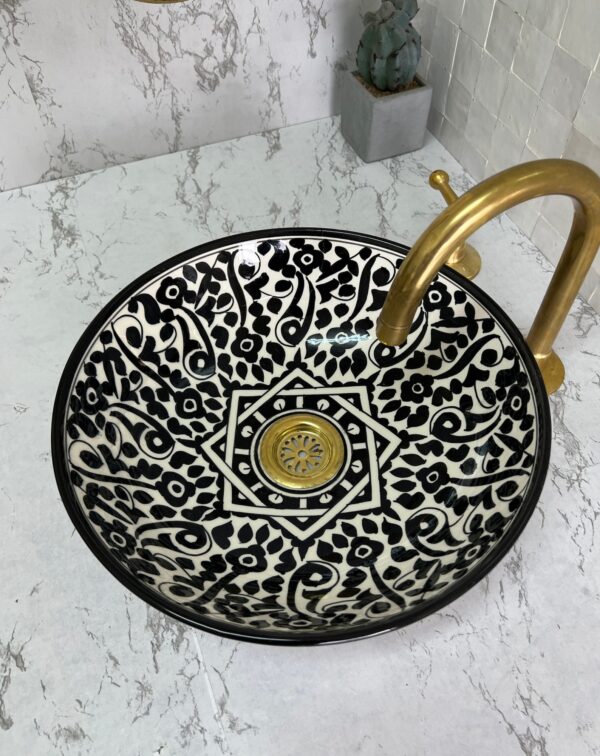 Black & white Moroccan Ceramic Bathroom Sink – Unique Round Fez Basin | britsinkstudio UK - Image 4