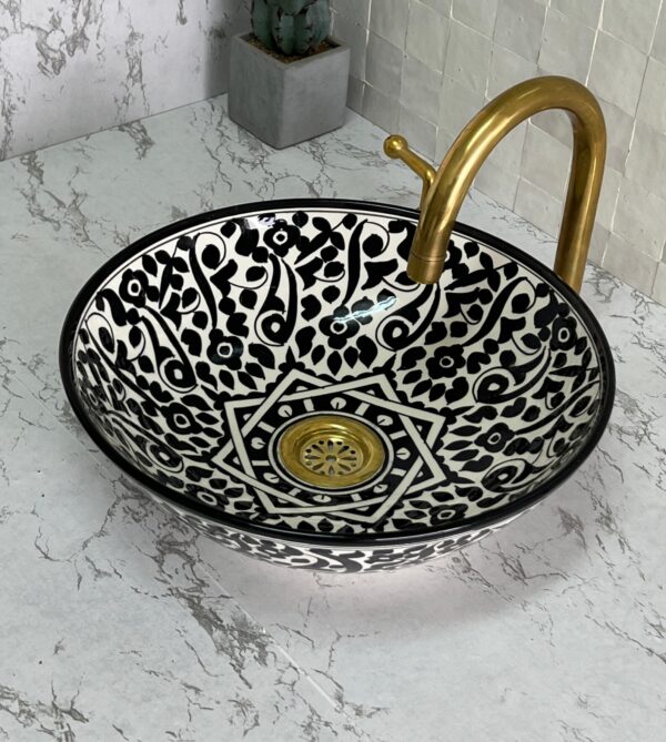 Black & white Moroccan Ceramic Bathroom Sink – Unique Round Fez Basin | britsinkstudio UK - Image 6