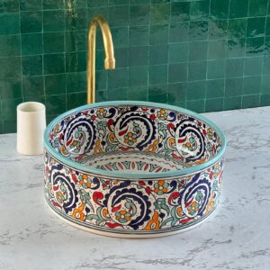Round Boho Ceramic Sink – Handcrafted Moroccan Bathroom Style | britsinkstudio UK
