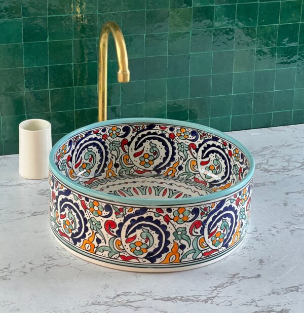 Round Boho Ceramic Sink – Handcrafted Moroccan Bathroom Style | britsinkstudio UK