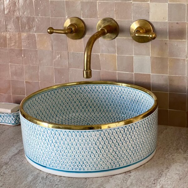 sky blue Hand-Painted Boho Sink – Moroccan Ceramic Bathroom Vessel | britsinkstudio UK - Image 5
