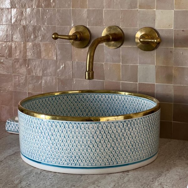 sky blue Hand-Painted Boho Sink – Moroccan Ceramic Bathroom Vessel | britsinkstudio UK - Image 6