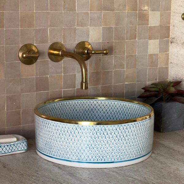 sky blue Hand-Painted Boho Sink – Moroccan Ceramic Bathroom Vessel | britsinkstudio UK - Image 8