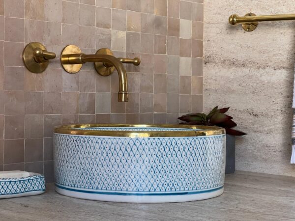 sky blue Hand-Painted Boho Sink – Moroccan Ceramic Bathroom Vessel | britsinkstudio UK - Image 7