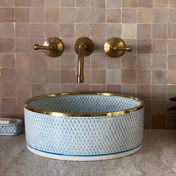 sky blue Hand-Painted Boho Sink – Moroccan Ceramic Bathroom Vessel | britsinkstudio UK - Image 9