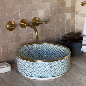 sky blue Hand-Painted Boho Sink – Moroccan Ceramic Bathroom Vessel | britsinkstudio UK