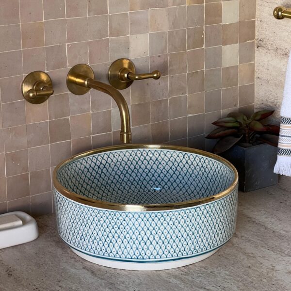 sky blue Hand-Painted Boho Sink – Moroccan Ceramic Bathroom Vessel | britsinkstudio UK