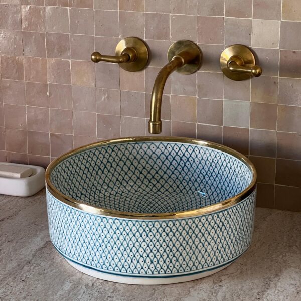 sky blue Hand-Painted Boho Sink – Moroccan Ceramic Bathroom Vessel | britsinkstudio UK - Image 4