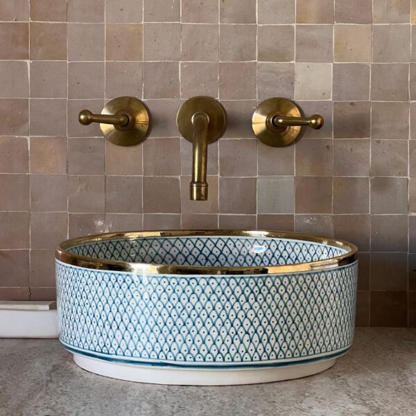 sky blue Hand-Painted Boho Sink – Moroccan Ceramic Bathroom Vessel | britsinkstudio UK - Image 2